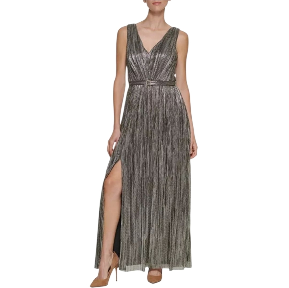 Eliza J Belted Metallic Gown V Neck Women's 8 NWT Formal Wedding Event